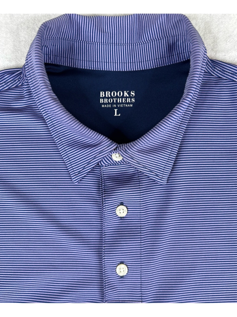 Brooks Brothers Shirt Men's Large Purple White Stripes Polo Golf Short Sleeve